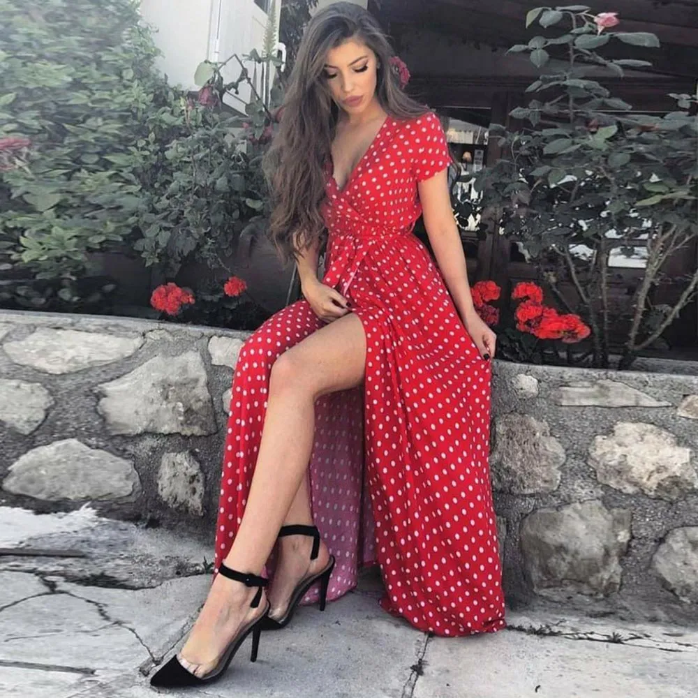 Boho Polka Dot Split Maxi Dress