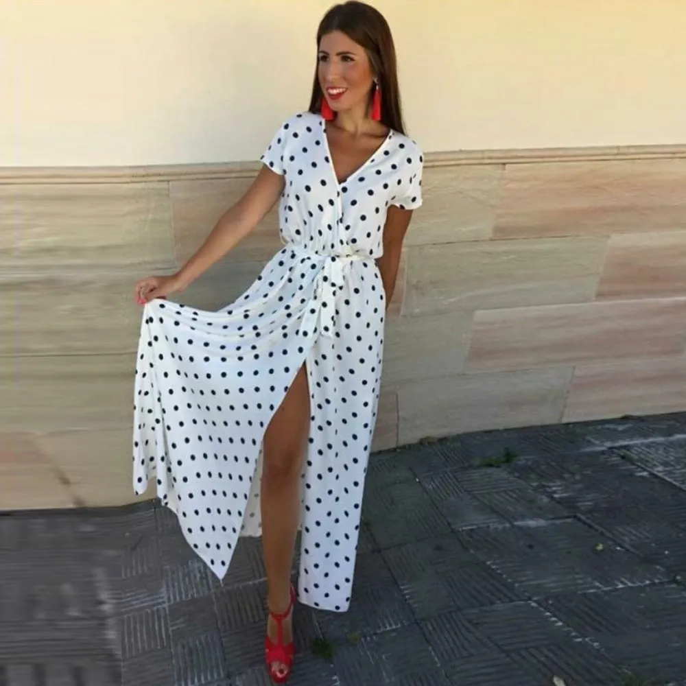 Boho Polka Dot Split Maxi Dress