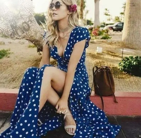 Boho Polka Dot Split Maxi Dress