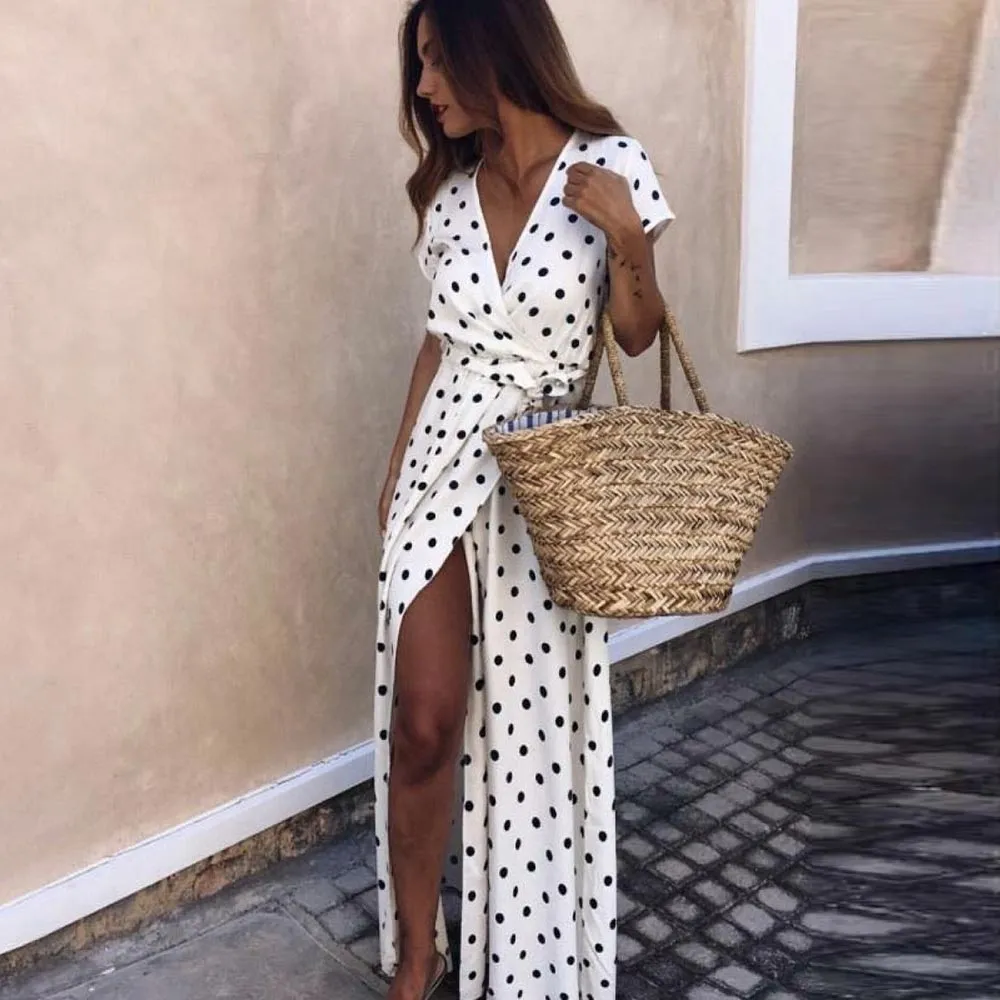 Boho Polka Dot Split Maxi Dress