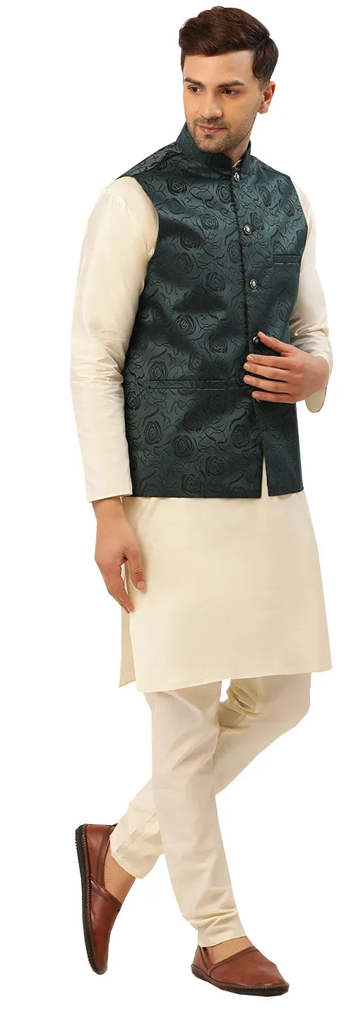 Elegant Jawahar Coat for Men with Mandarin Collar - Floral Design (Green)
