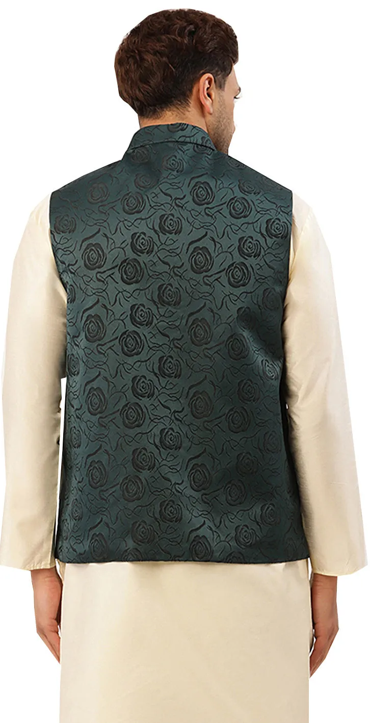 Elegant Jawahar Coat for Men with Mandarin Collar - Floral Design (Green)