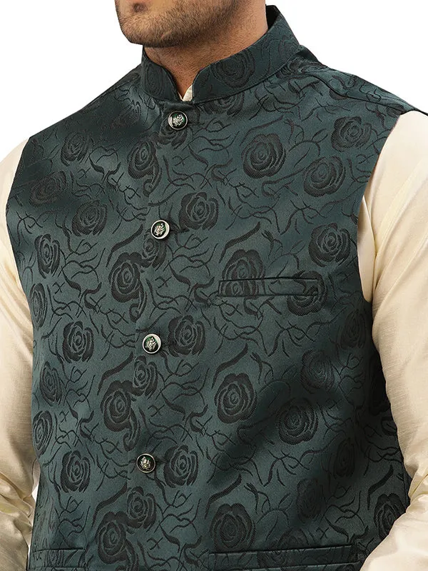 Elegant Jawahar Coat for Men with Mandarin Collar - Floral Design (Green)