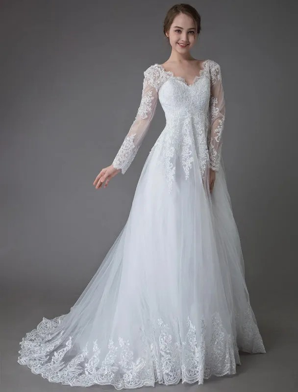 Lace Wedding Dresses Ball Gown V Neck Long Sleeve Backless Princess Bridal Dress Exclusive