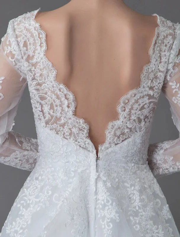 Lace Wedding Dresses Ball Gown V Neck Long Sleeve Backless Princess Bridal Dress Exclusive