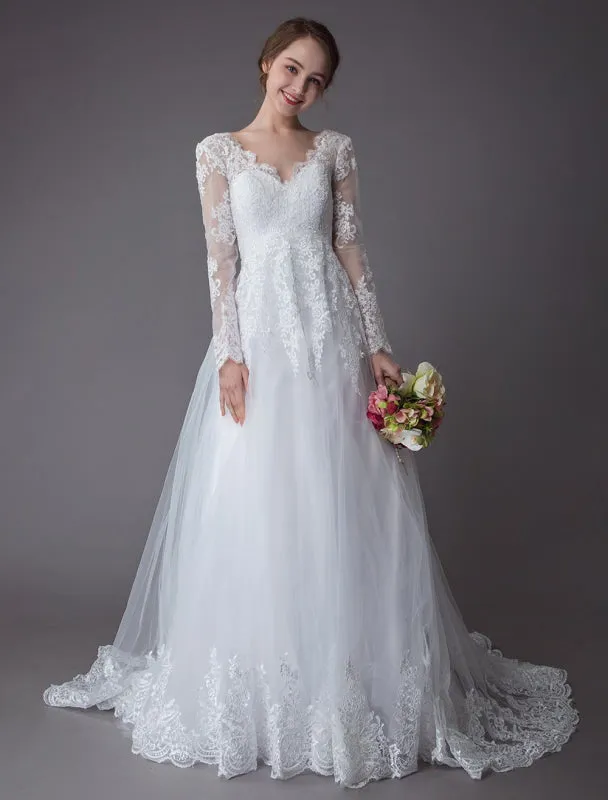 Lace Wedding Dresses Ball Gown V Neck Long Sleeve Backless Princess Bridal Dress Exclusive