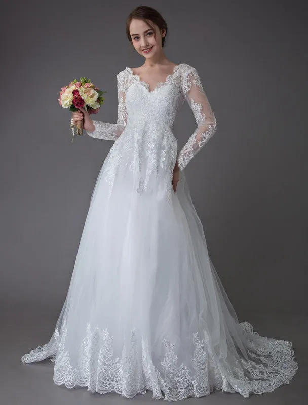 Lace Wedding Dresses Ball Gown V Neck Long Sleeve Backless Princess Bridal Dress Exclusive