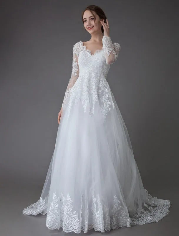 Lace Wedding Dresses Ball Gown V Neck Long Sleeve Backless Princess Bridal Dress Exclusive