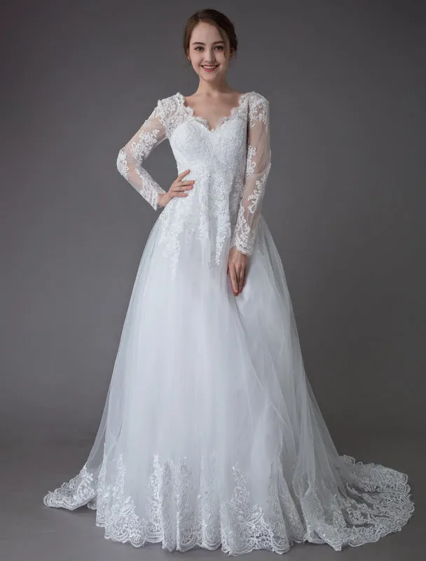 Lace Wedding Dresses Ball Gown V Neck Long Sleeve Backless Princess Bridal Dress Exclusive