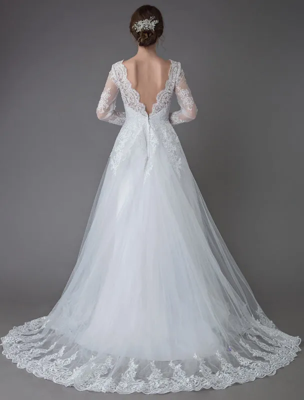 Lace Wedding Dresses Ball Gown V Neck Long Sleeve Backless Princess Bridal Dress Exclusive