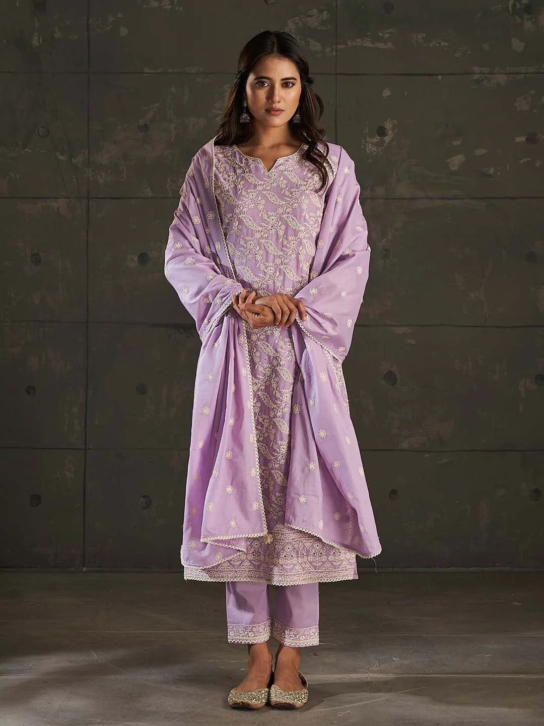Lavender Cotton Mul Embroidered Kurta Pant Set