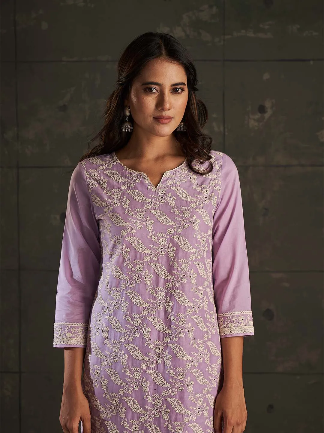 Lavender Cotton Mul Embroidered Kurta Pant Set