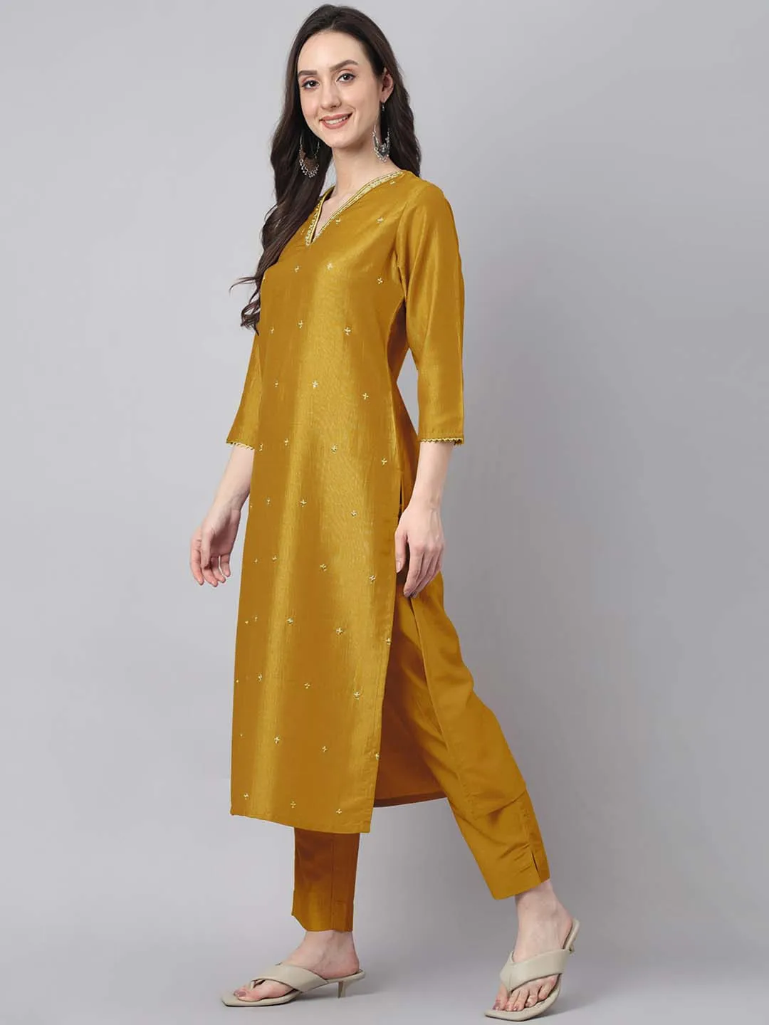 Mustard Chinnon Embroidered Regular Kurta Set