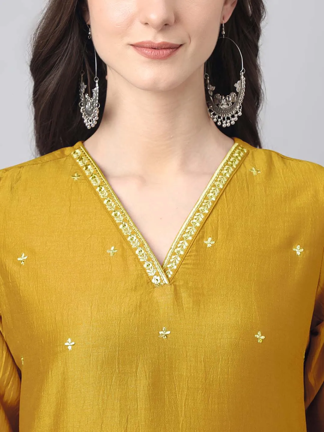 Mustard Chinnon Embroidered Regular Kurta Set