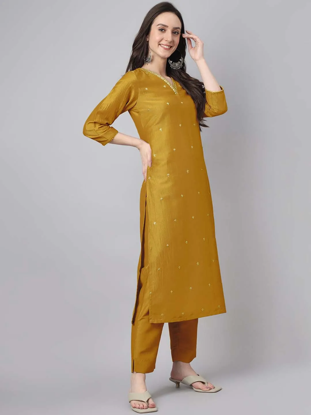 Mustard Chinnon Embroidered Regular Kurta Set