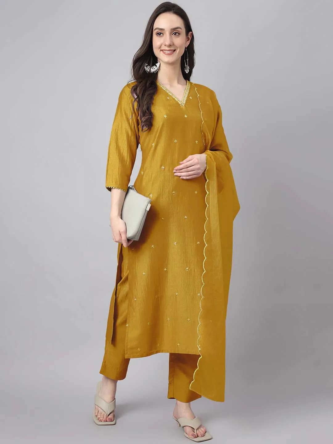 Mustard Chinnon Embroidered Regular Kurta Set