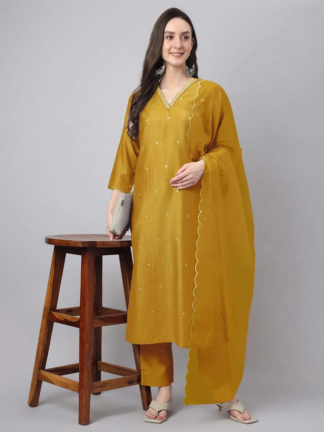 Mustard Chinnon Embroidered Regular Kurta Set
