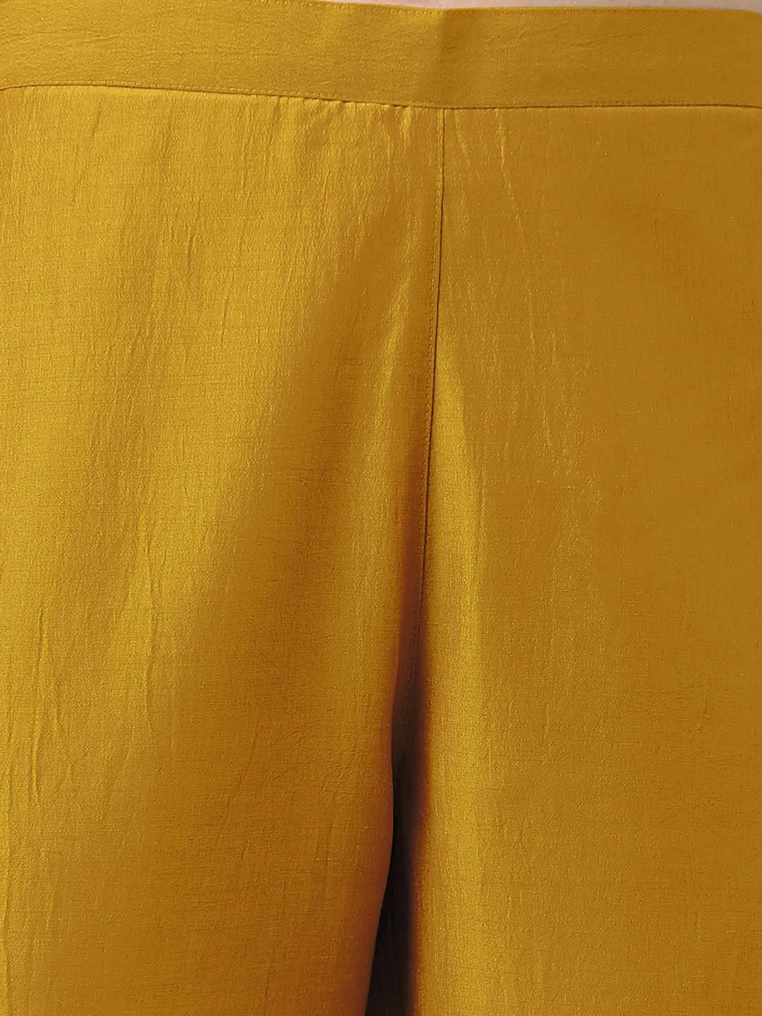 Mustard Chinnon Embroidered Regular Kurta Set