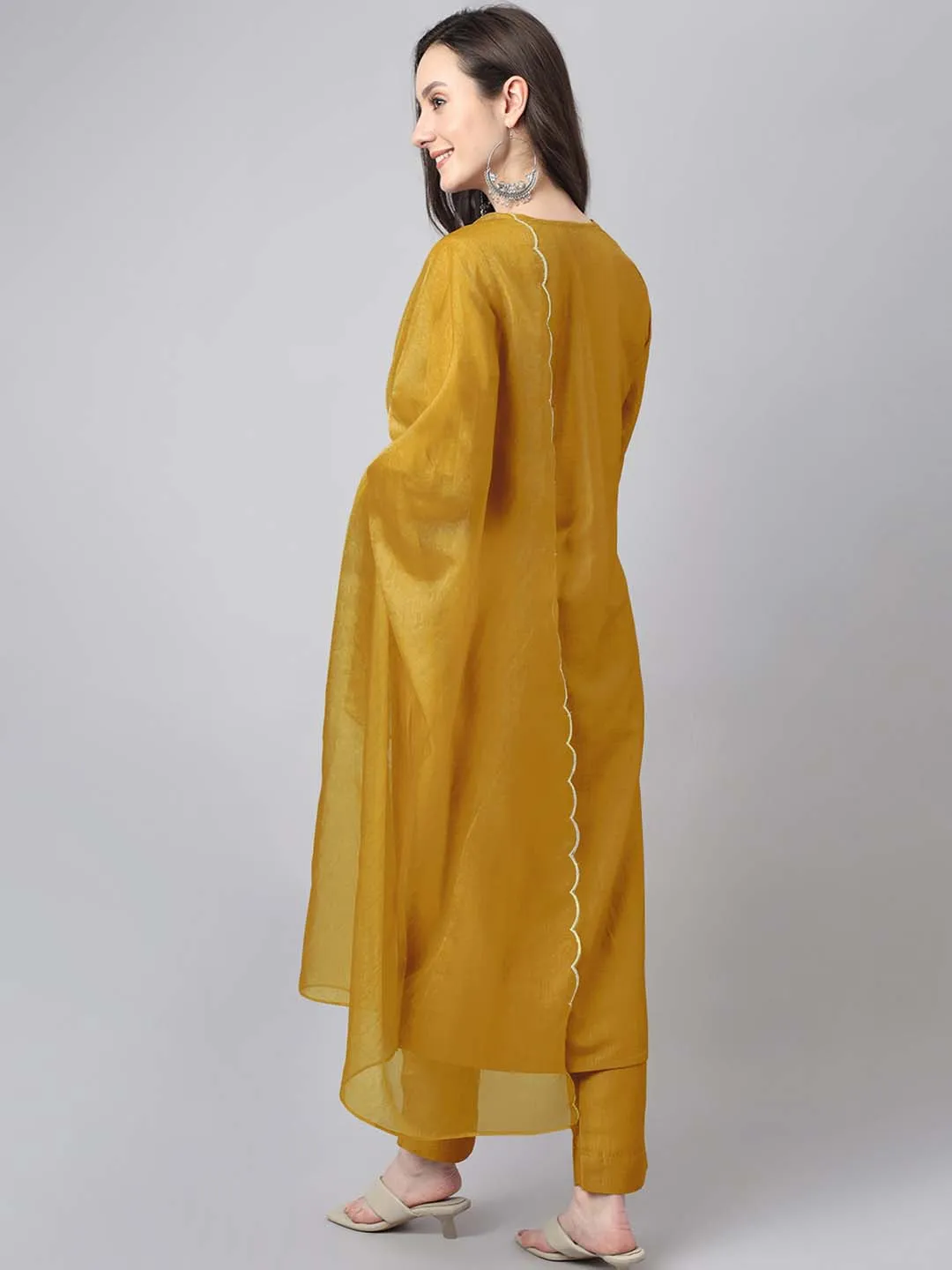 Mustard Chinnon Embroidered Regular Kurta Set