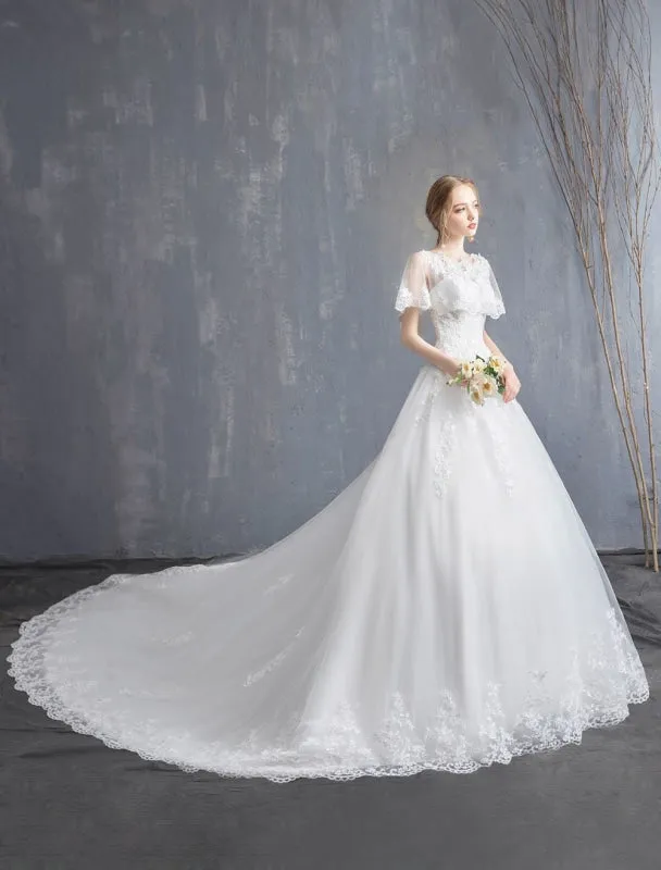 Princess Wedding Dresses Ball Gown Lace Beaded Tulle Long Train Bridal Dress