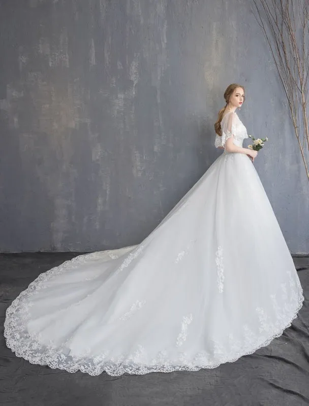 Princess Wedding Dresses Ball Gown Lace Beaded Tulle Long Train Bridal Dress