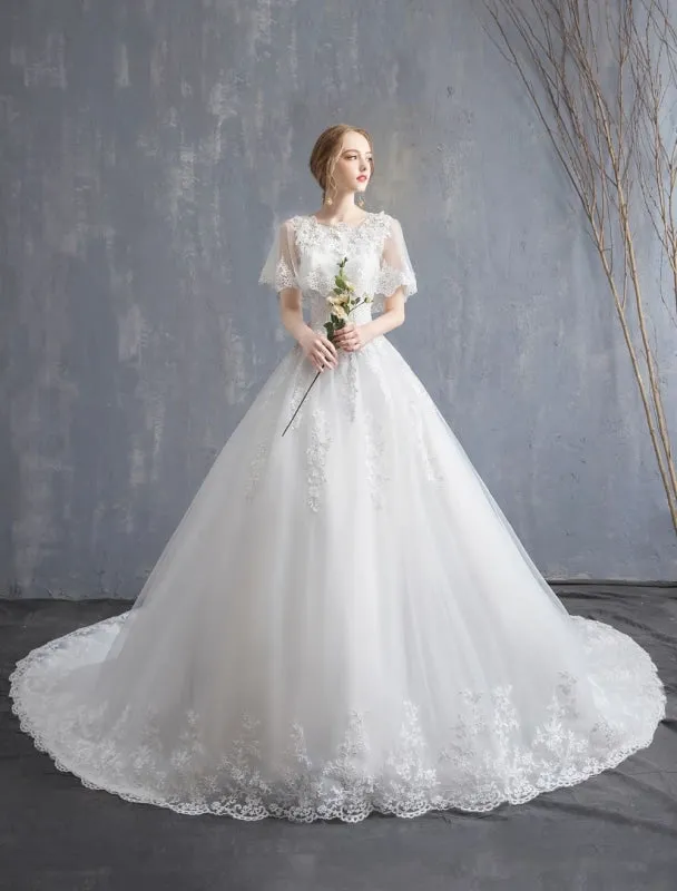 Princess Wedding Dresses Ball Gown Lace Beaded Tulle Long Train Bridal Dress