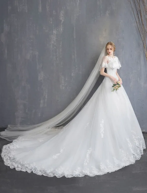 Princess Wedding Dresses Ball Gown Lace Beaded Tulle Long Train Bridal Dress