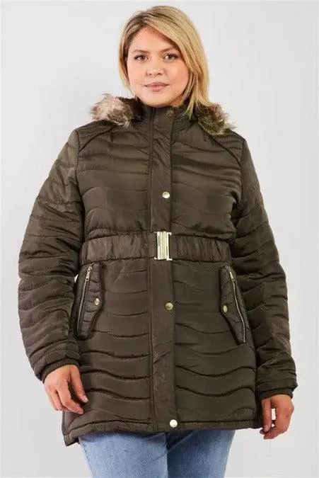 Quilt Faux-fur Detachable Hood Puffer Jacket