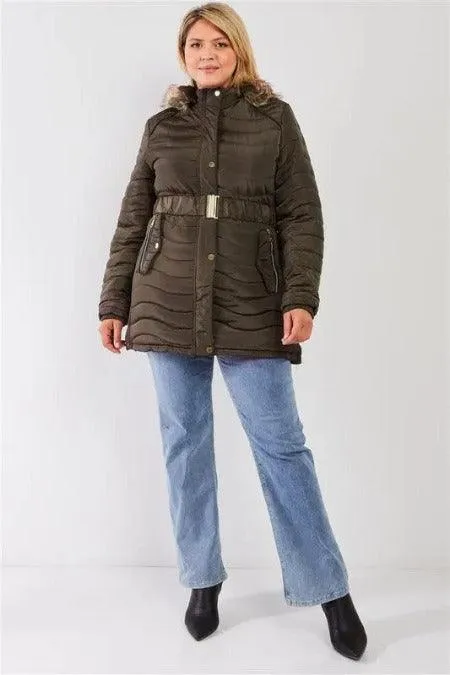 Quilt Faux-fur Detachable Hood Puffer Jacket