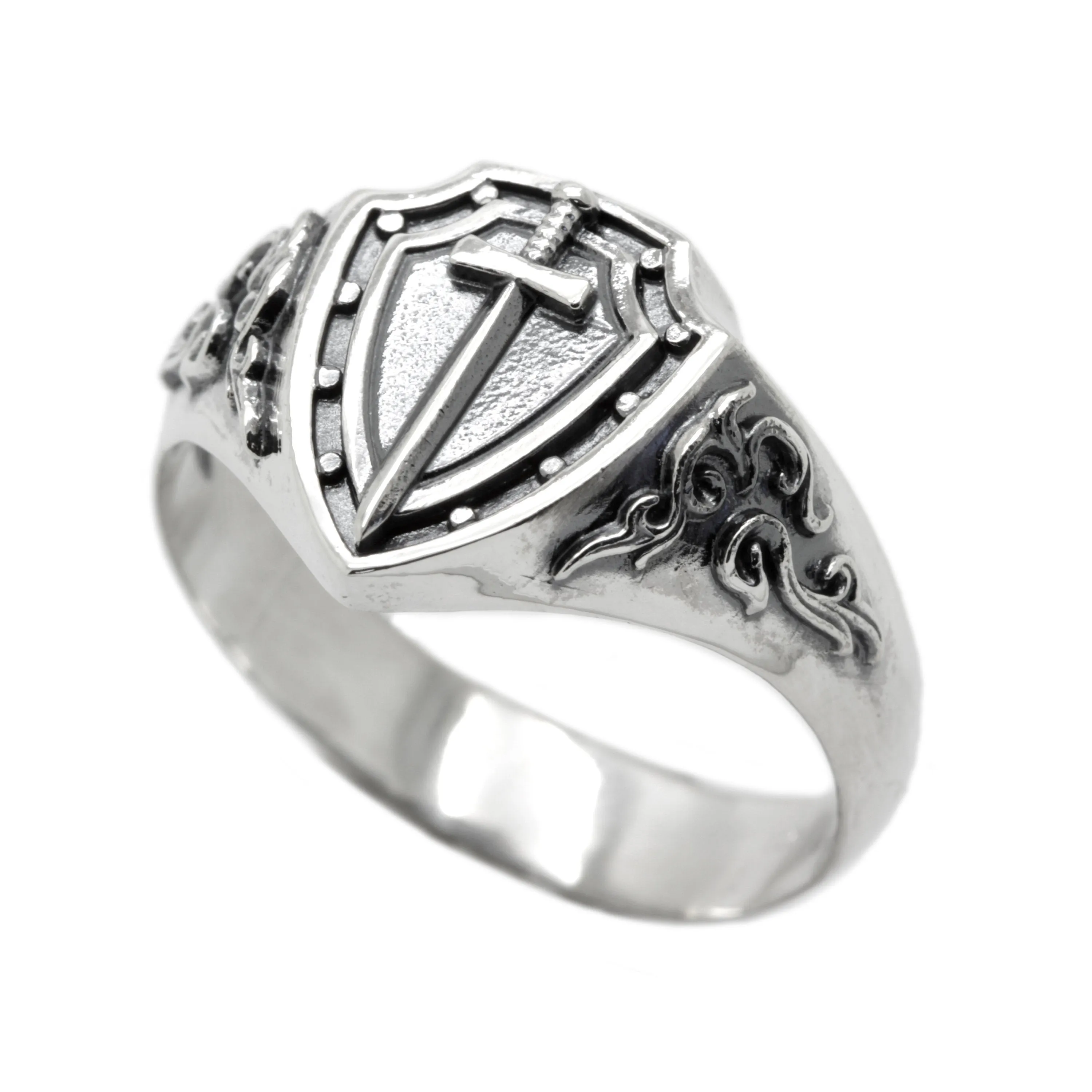 Shield and Sword Solid Sterling Silver Mens Ring Signet