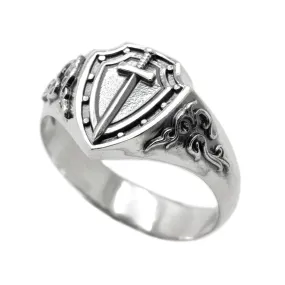 Shield and Sword Solid Sterling Silver Mens Ring Signet