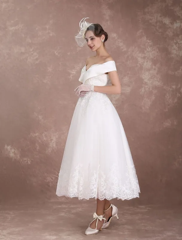Vintage Wedding Dresses Off The Shoulder Short Bridal Dress 1950'S Lace Applique Beaded Tea Length Wedding Reception Dress Exclusive